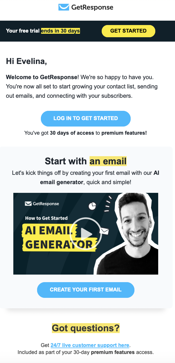 Welcome email from the email marketing platform GetResponse.