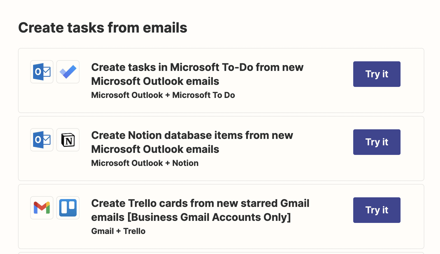 Examples of Zapier automations, such as making a to-do task from emails and creating notion database items