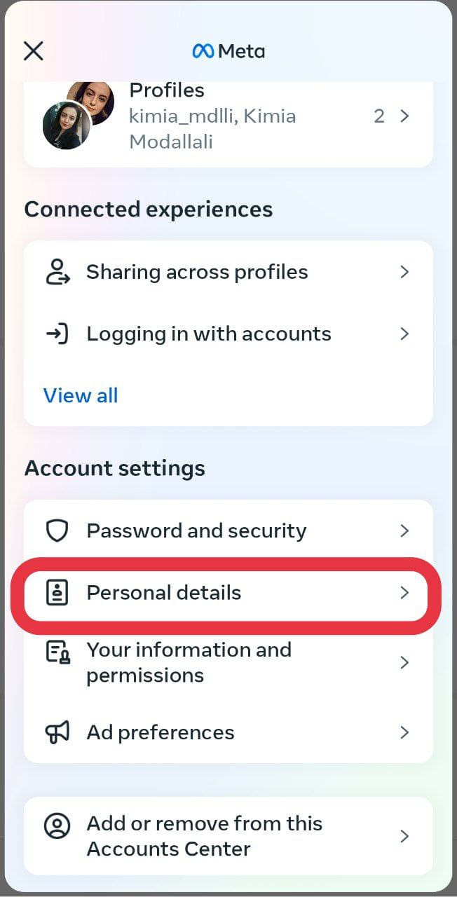 Personal details option