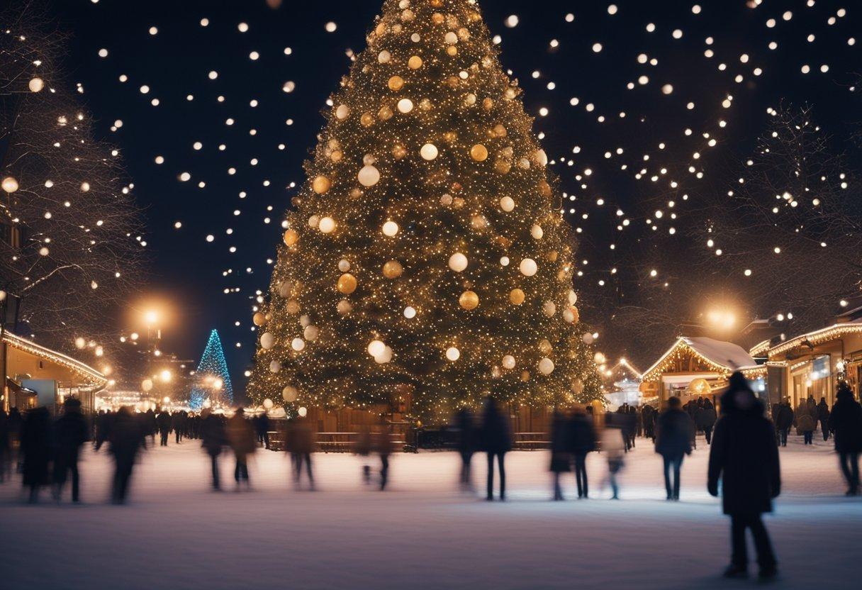 A large tree with lights and people walking around

Description automatically generated