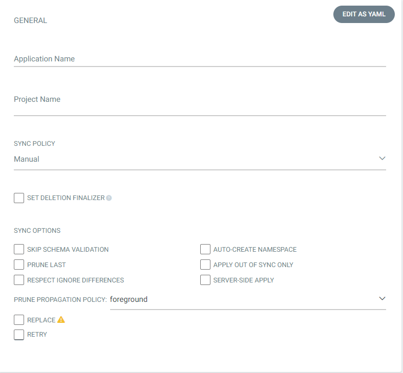 Form for adding details about the new Argo CD application.