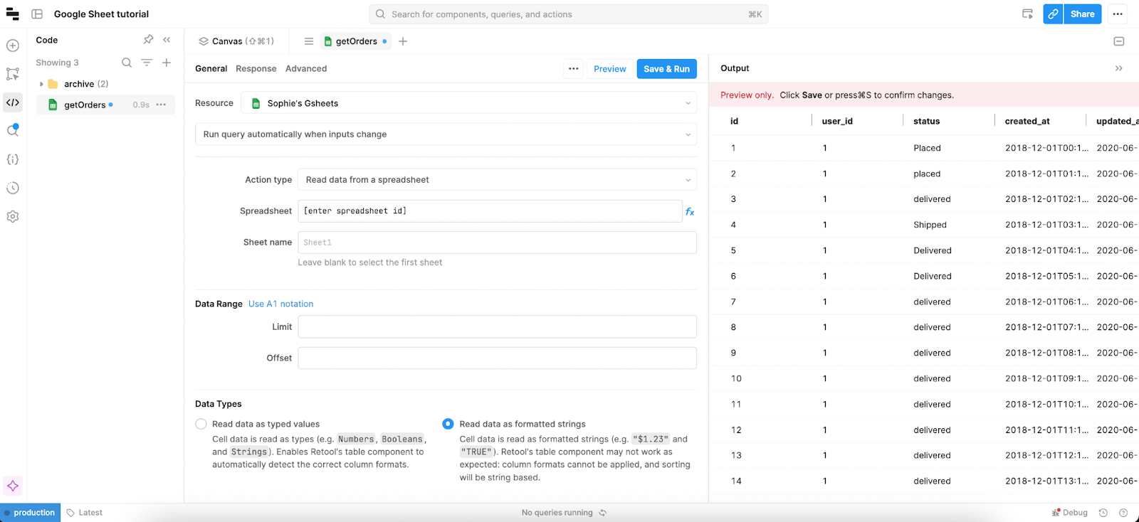 Google sheets Get query in Retool