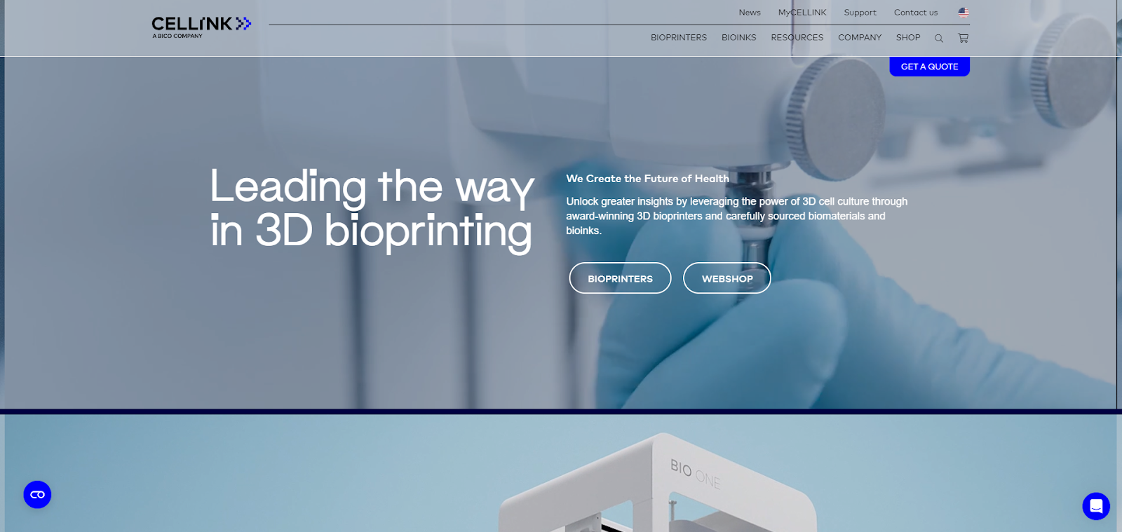 A screenshot of CELLINK's website