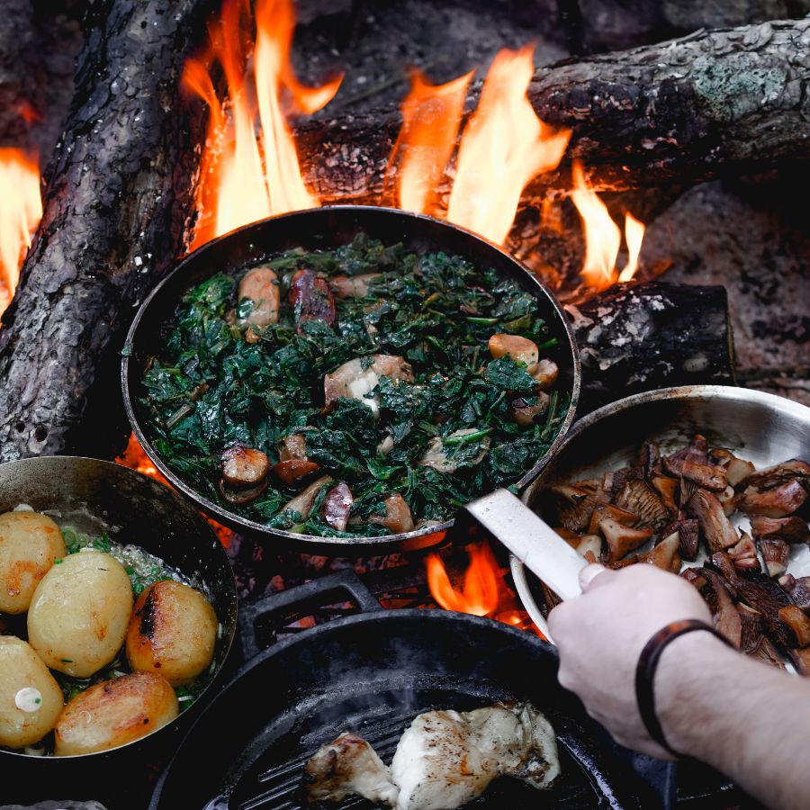 kale and sausage over the fire