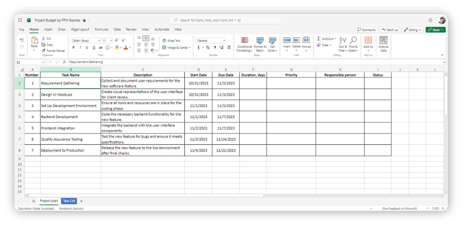 How to create project plan in Excel