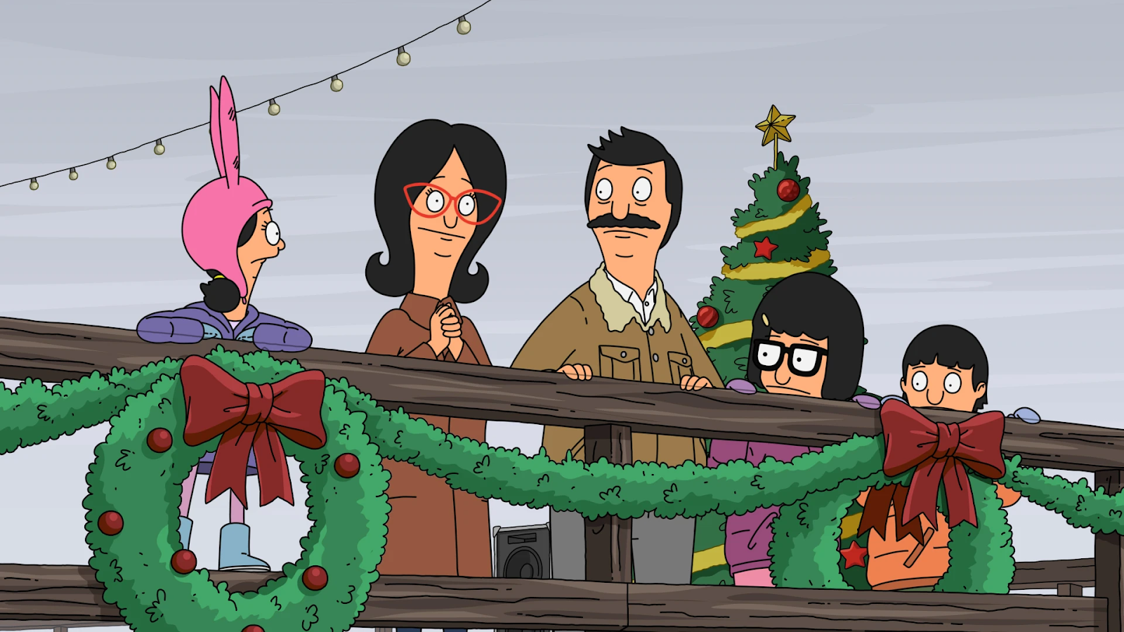 The Belcher family are all up against a wooden banister that's festively decorated. One of the best holiday tv episodes ever.