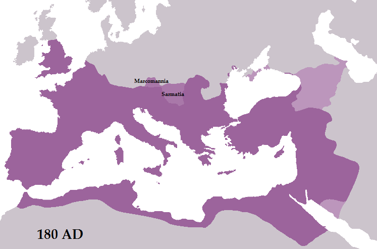 The Roman Empire at the death of Marcus Aurelius in 180 CE, represented in purple