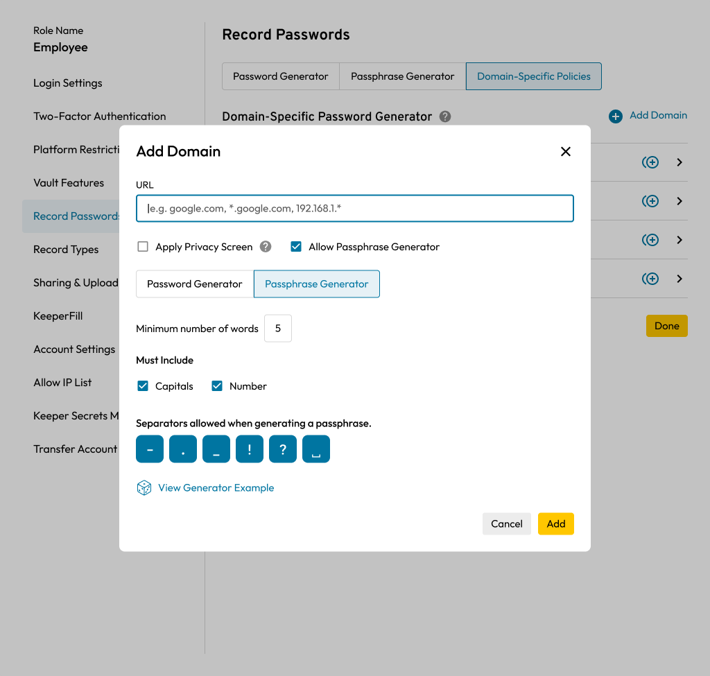 Imagen que muestra cómo los administradores de Keeper pueden agregar una nueva política de dominios al crear un nuevo registro.