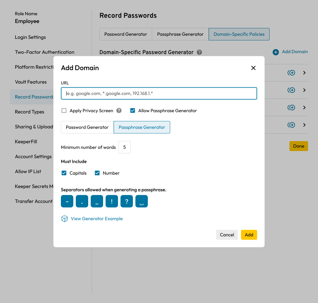 Image showing how Keeper Admins can add a new domain policy when creating a new record.