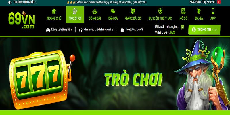 Lựa chọn mục Trò chơi rồi chọn Nổ hũ 69VN