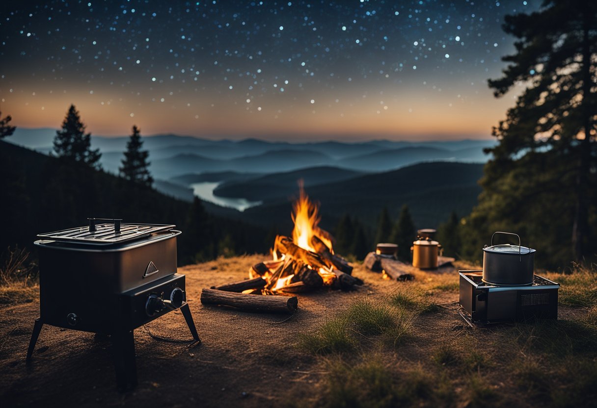 A campsite with a roaring fire and various camping stoves set up on a sturdy, flat surface, surrounded by a backdrop of tall trees and a clear, starry sky