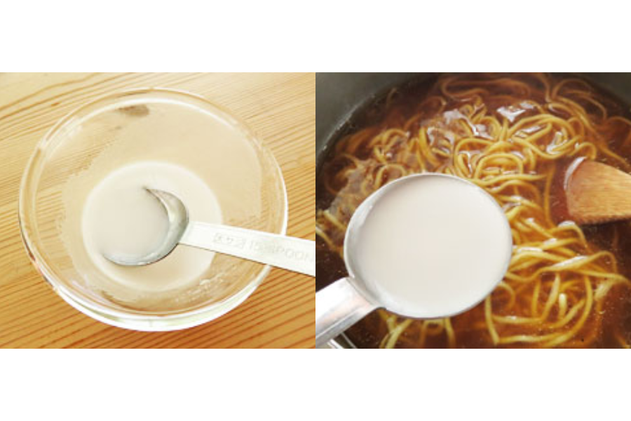 bột bắp cho vào nước súp mì ramen kiểu Nhật