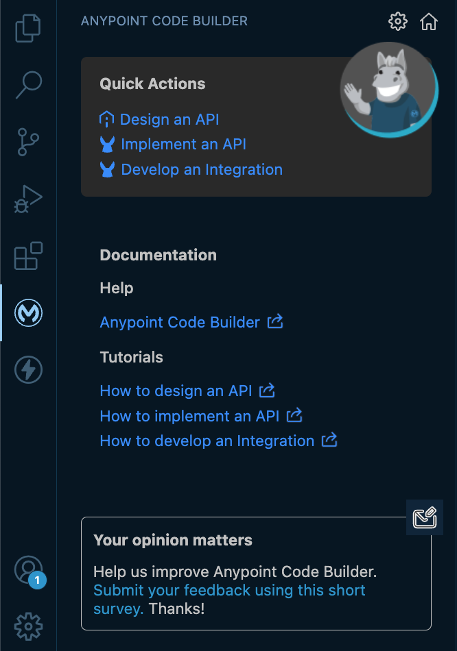 Welcome screen in Anypoint Code Builder