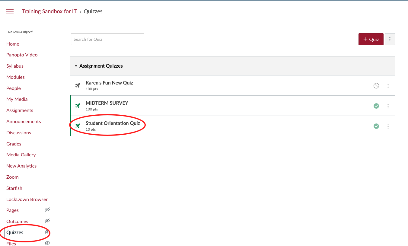 Screenshot of the Quizzes page of a Canvas course circled and an individual quiz circled.