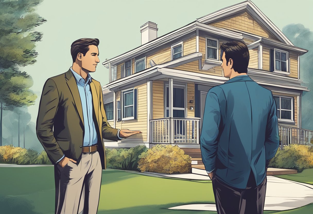 A real estate agent and a homeowner discuss selling options, while a potential buyer views the property, signifying relief from financial strain