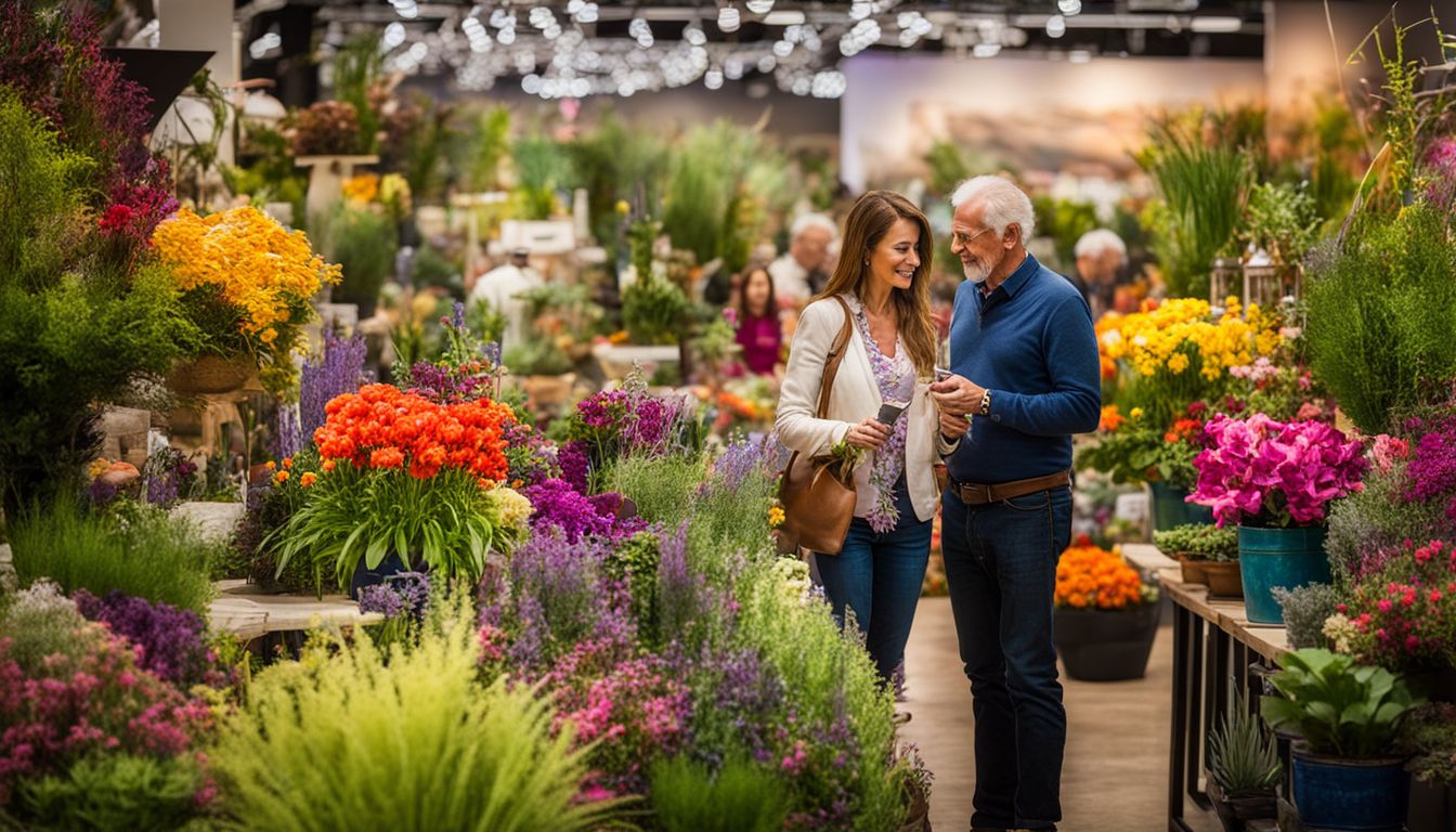 A couple browsing through colorful garden displays at a home show.
