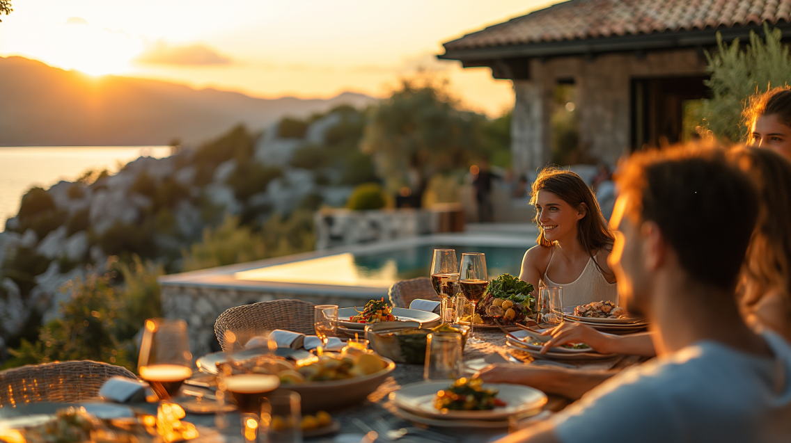 Guests enjoying a gourmet meal prepared by a private chef at a villa in Dalmatia.