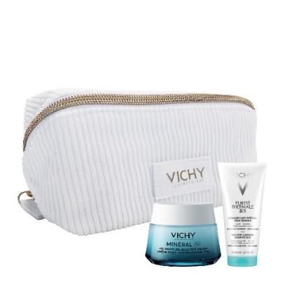 A white cosmetic bag with a blue jar and a blue cream bottle Description automatically generated