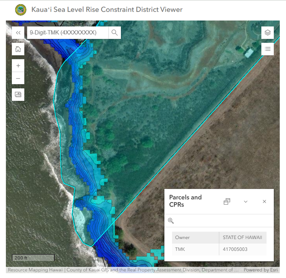 Screenshot of the Kaua'i Sea Level Rise constraint disctrict viewer with an aerial view of the island coastline with blue overlay representing future coastal erosion