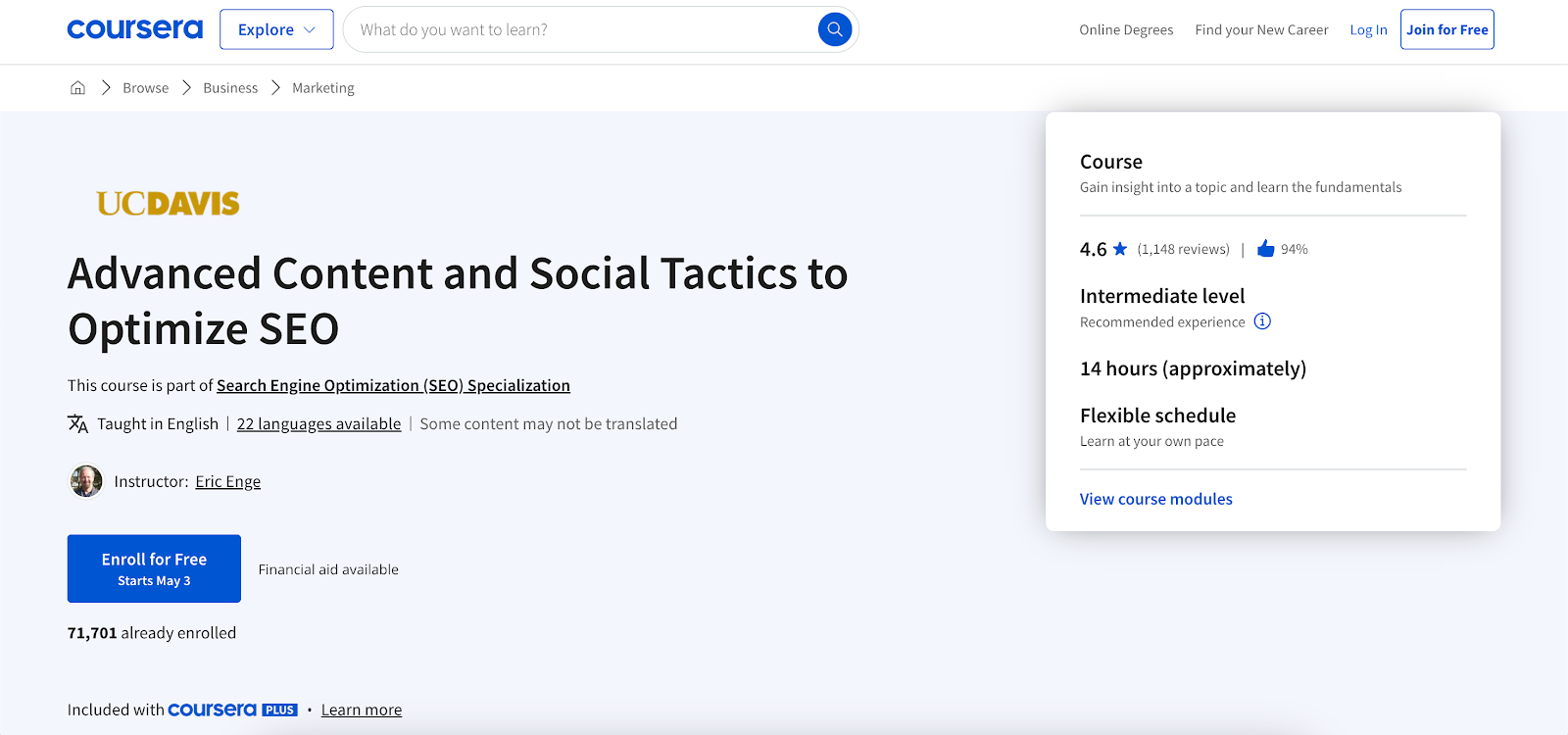 Advanced Content and Social Tactics to Optimize SEO by University of California, Davis screenshot