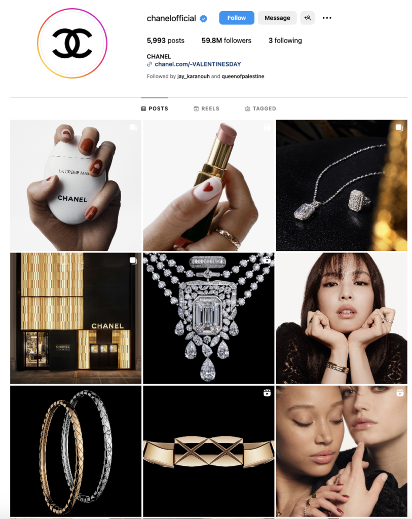 Chanel’s Instagram account photo grid as an example of visual storytelling.