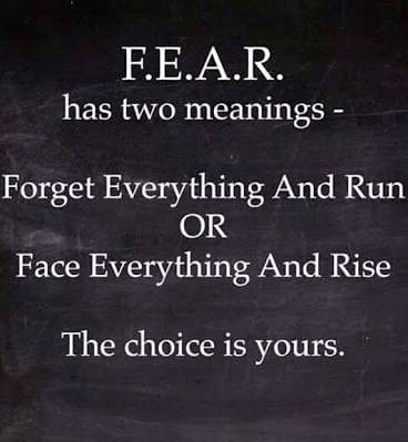 "F.E.A.R. has two meanings-
Forget Everything And Run
OR
Face Everything And Rise
The choice is yours."
Face your fears to overcome them.