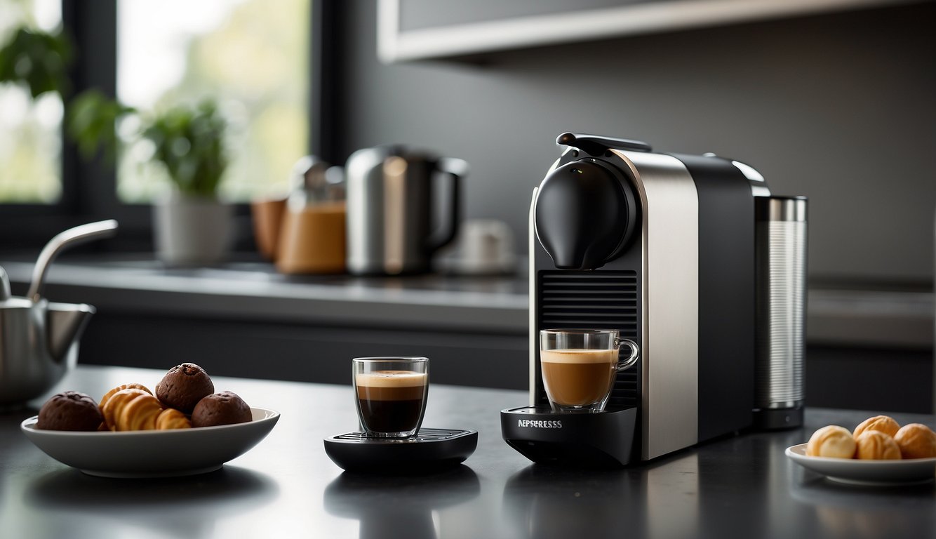 A Nespresso Essenza Mini 110V coffee machine sits on a kitchen counter, surrounded by sleek, modern appliances. A steaming espresso cup sits next to it, emitting a rich aroma