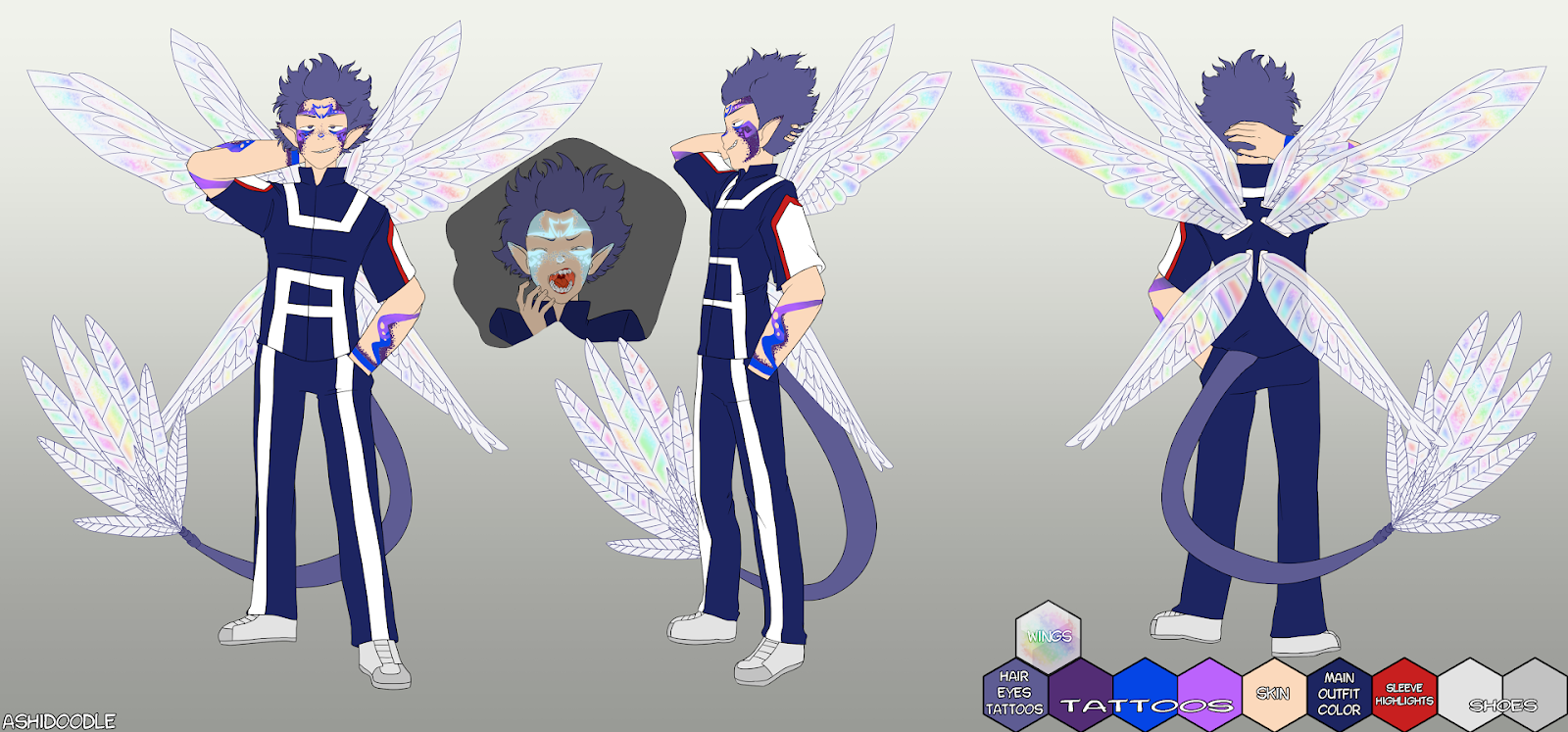 A character design sheet showing Hitoshi's new form including a long tail and irridescent dragonfly-esque wings. His arms, cheeks, and forhead have tattoo patterns that are primarily purple but have shades of blue within them. His ears are pointed and a portion of the sheet shows Hitoshi's tattoos glowing at night.