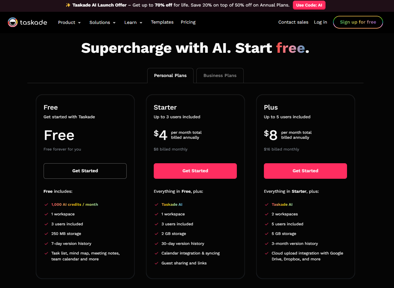 The pricing plans for Taskade.ai.