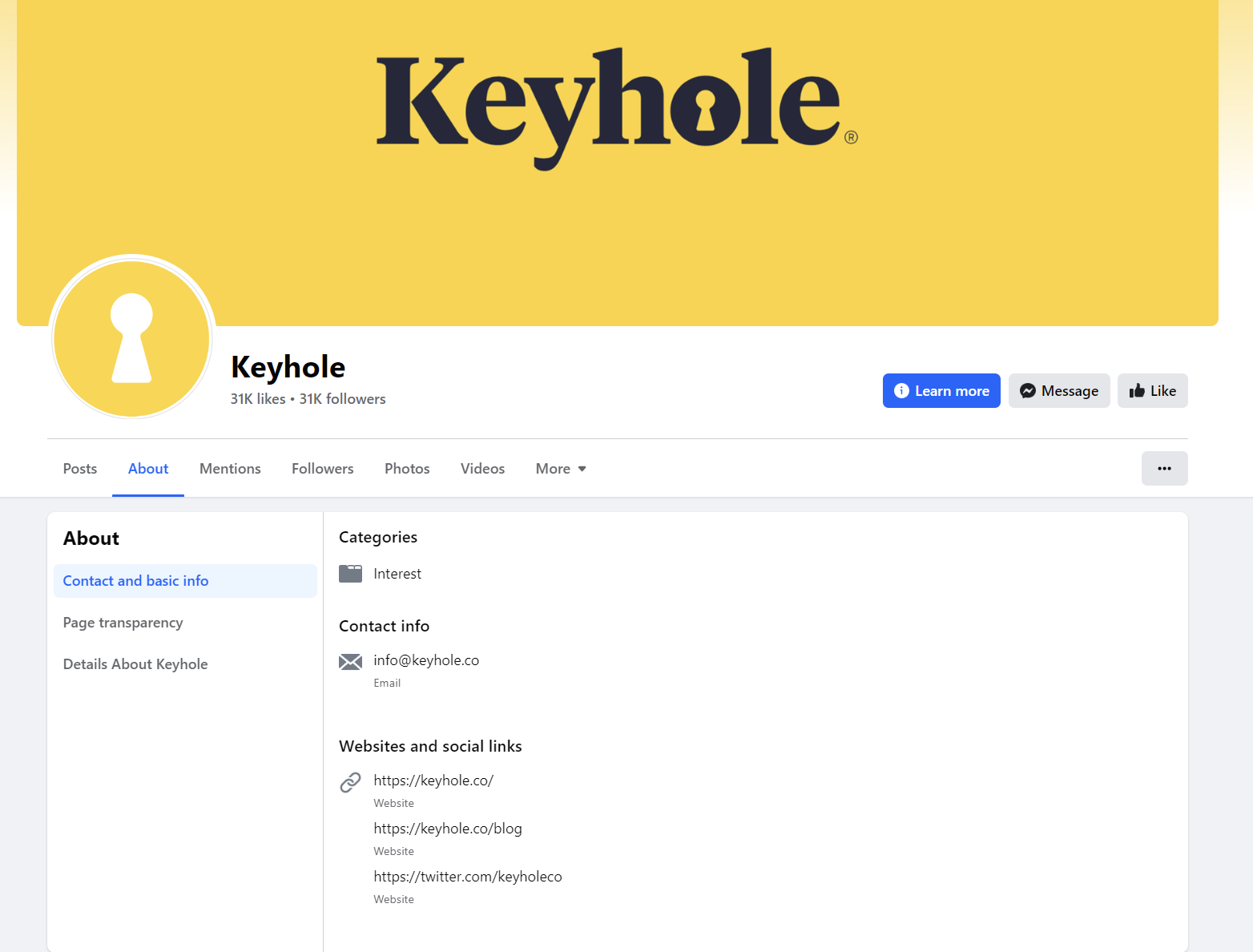 Keyhole Facebook Profile About Page