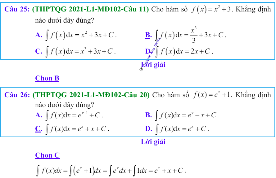 Công thức Nguyên hàm và bài tập từ đề thi có giải chi tiết