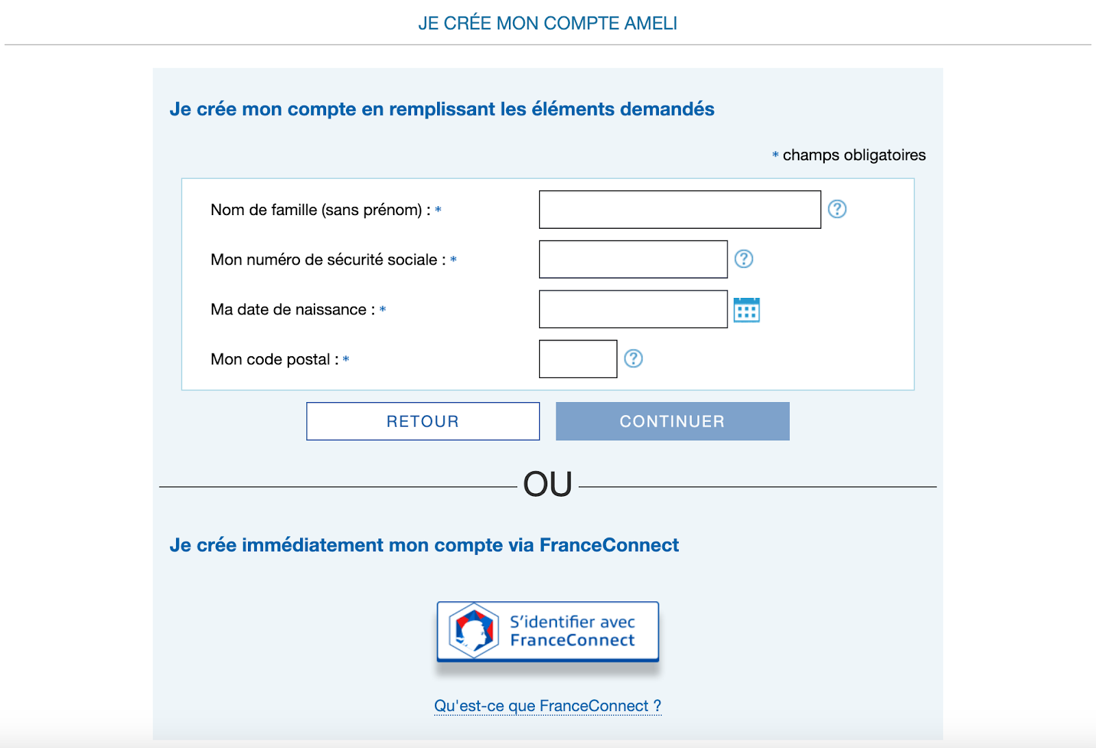 Capture d'écran de la création de compte sur la plateforme Ameli