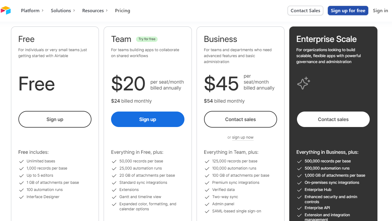 Pricing Plans for Airtable