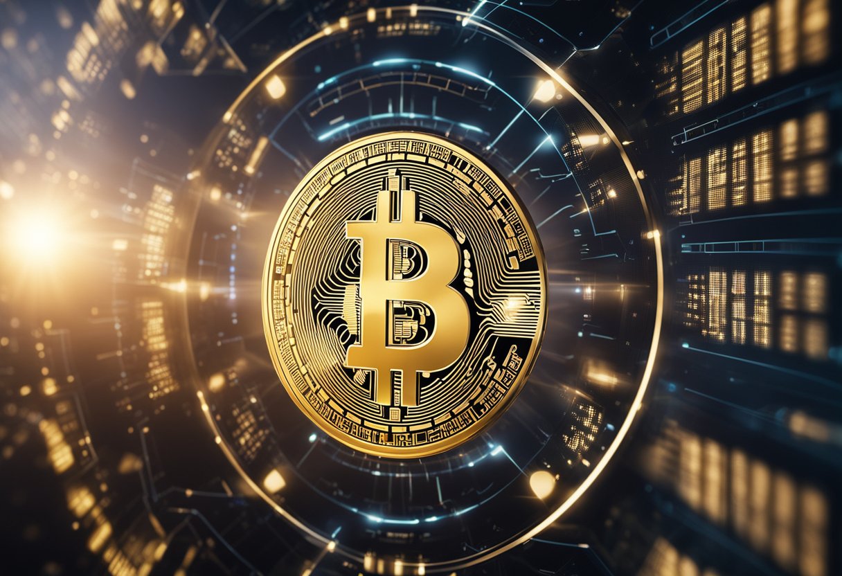 The landscape shows a digital transfer of wealth in 2024. Cryptocurrency symbols and futuristic technology are prominent. The scene depicts a seamless and secure inheritance process