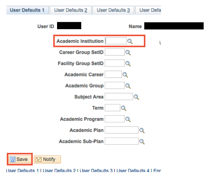 "Academic Institution" field and "Save" button emphasized with red box highlight.
