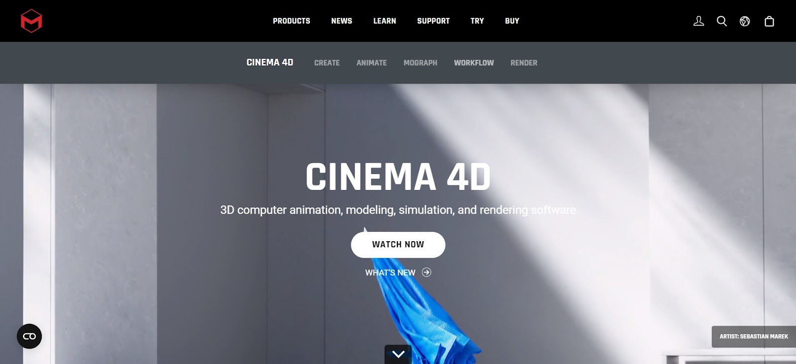 A screenshot of Cinema 4D's website