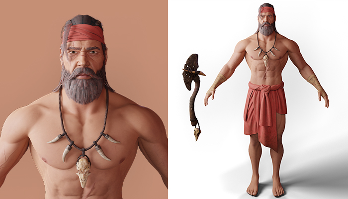 Close up and full body view of a caveman 3D character
