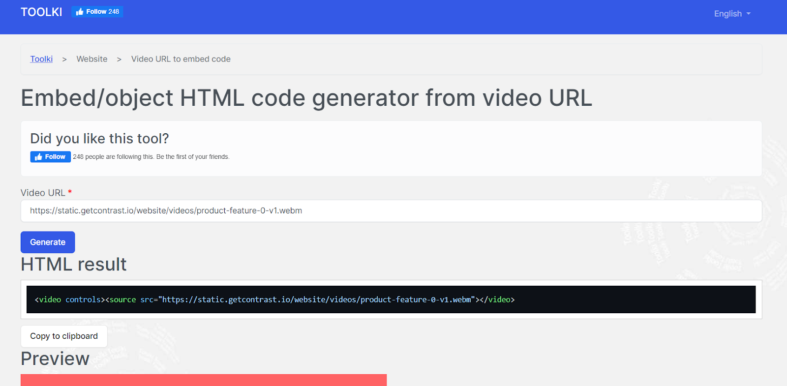 Screenshot of Toolki video embed code generator