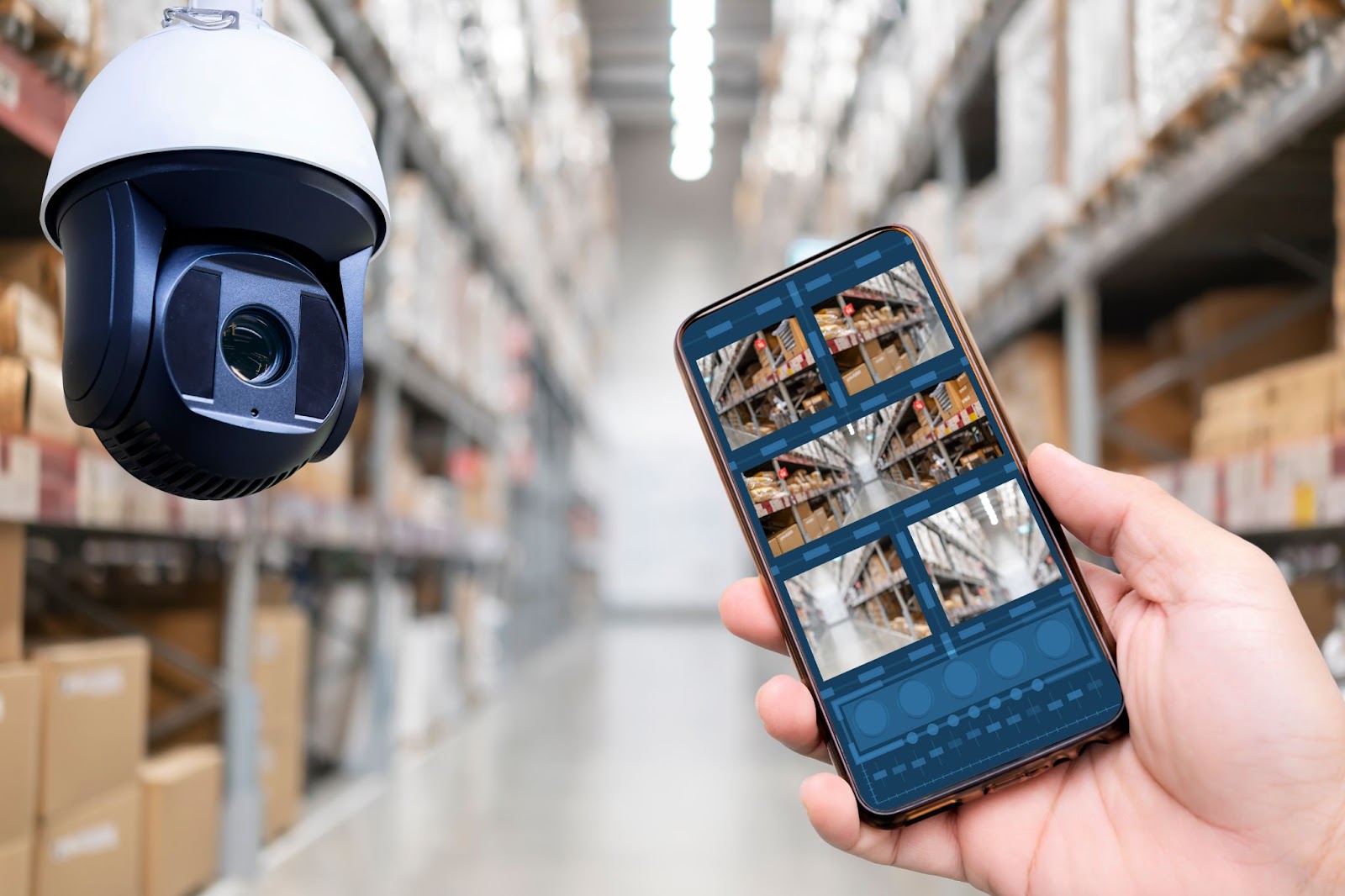 Security camera monitoring warehouse aisle with live feed displayed on a smartphone, enhancing warehouse security.