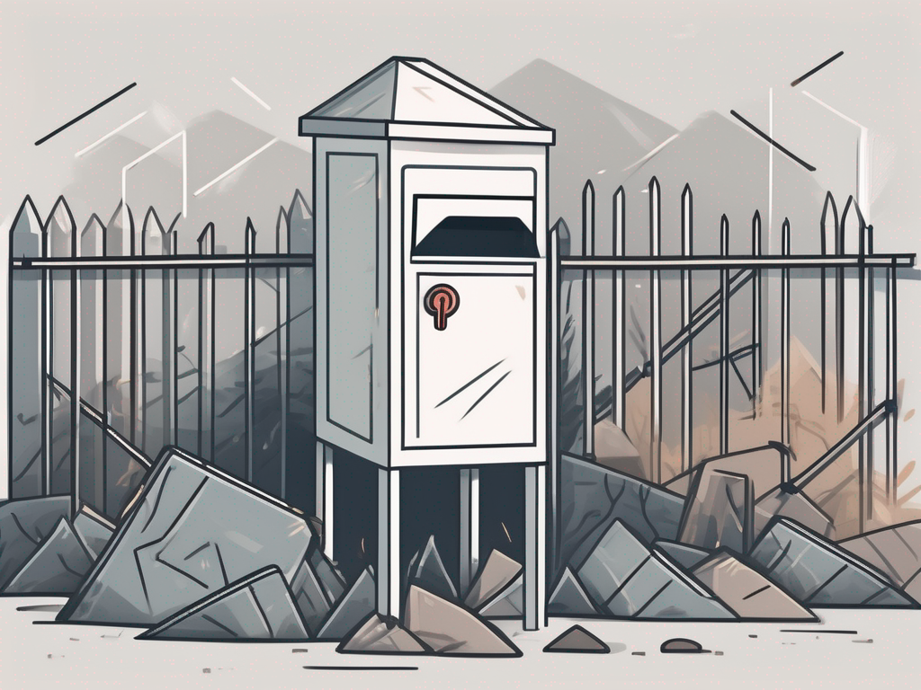 a mailbox surrounded by various barriers such as walls, thorns, and locks, symbolizing the obstacles that decrease email deliverability, hand-drawn abstract illustration for a company blog, white background, professional, minimalist, clean lines, faded colors