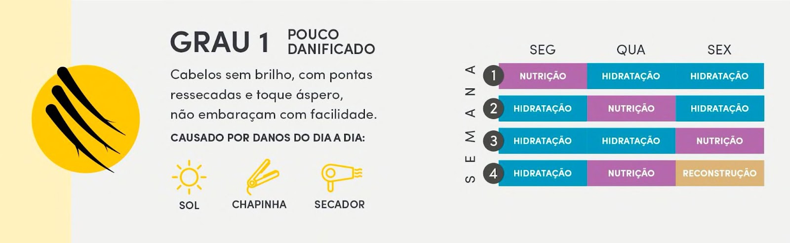 Cronograma capilar indicado para cabelos com nível de dano 1, ou seja, pouco danificados