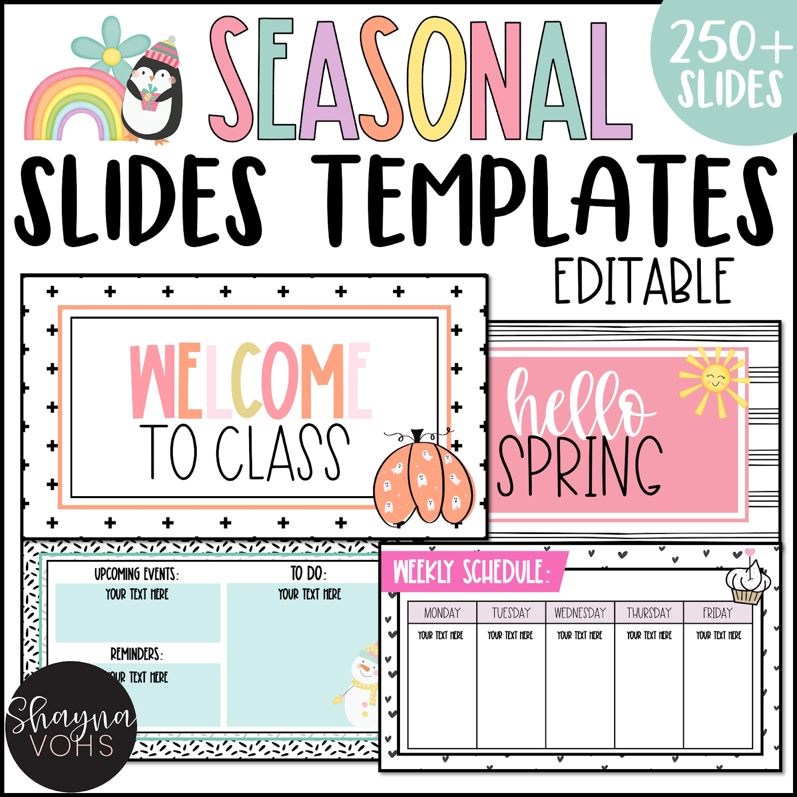 This image shows a selection of four different slide templates. They are a mixture of different seasonal themes. The text at the top reads "Seasonal Slides Templates Editable". 