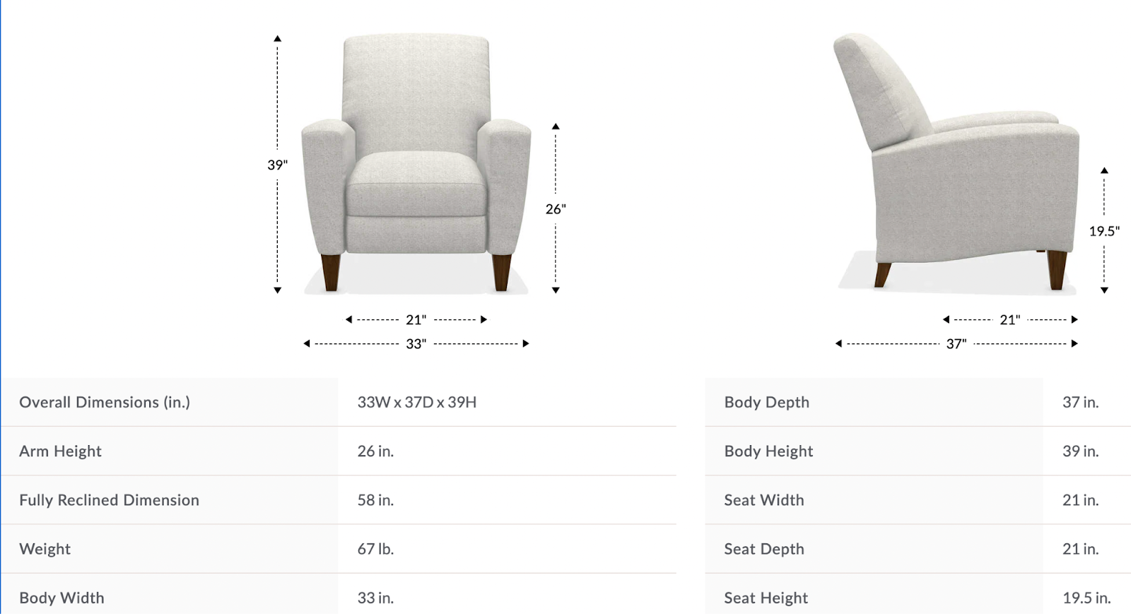 scarlett high leg recliner dimensions