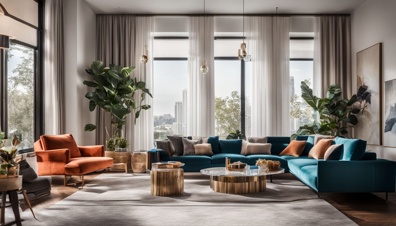 A modern living room with stylish furniture and vibrant decor.