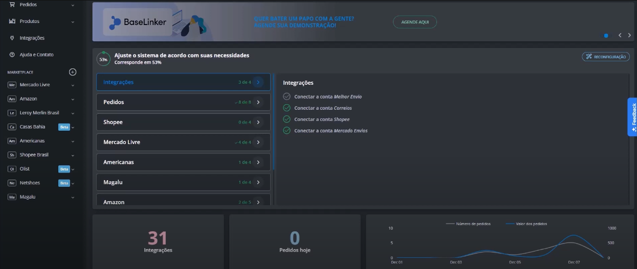 Painel de hub de integração da BaseLinker