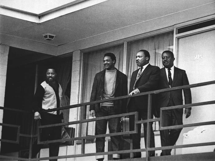 The Rev. Martin Luther King Jr. stands with other civil rights leaders on the balcony of the Lorraine Motel in Memphis, Tenn., on April 3, 1968, a day before he was assassinated at approximately the same place. From left are Hosea Williams, Jesse Jackson, King, and Ralph Abernathy