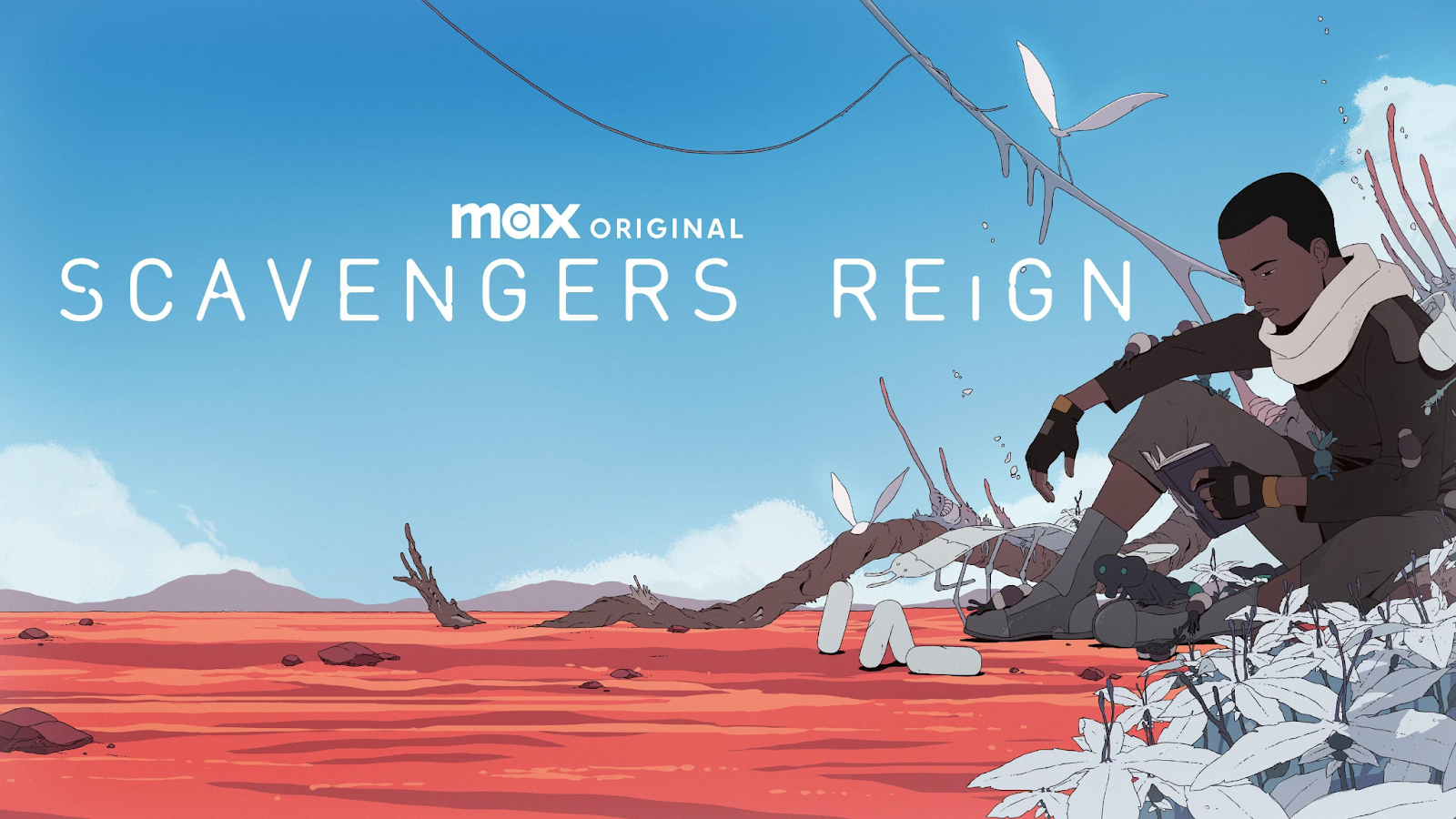 Poster for “Scavengers Reign,” a MAX Original series. The art shows a black woman in a rugged, futuristic outfit sitting beside alien plant life, reading a book. The alien plants and insects are clustered around her on one side of the image. Most of the image shows an open sky, distant mountains, and a vast desert of red-orange sand. 