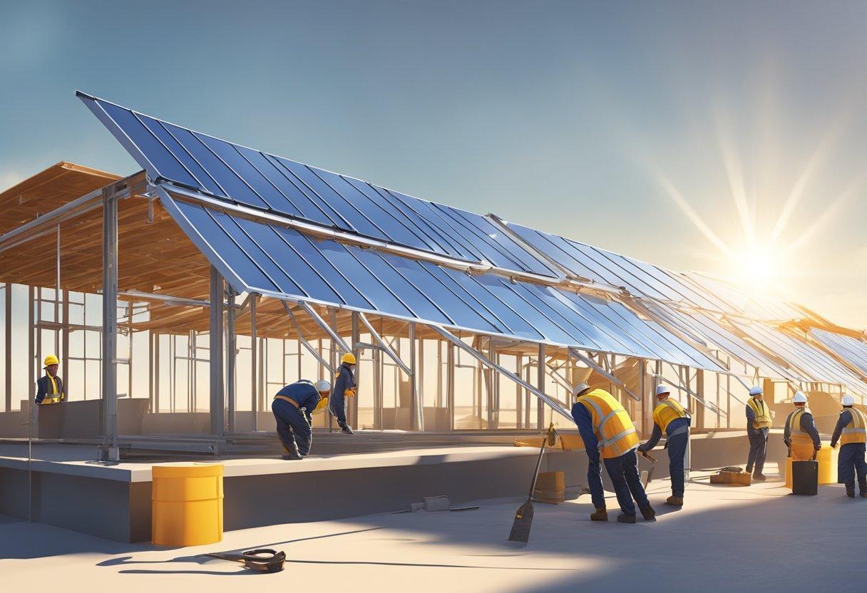 Workers secure metal panels onto roof structure using specialized tools. Sun shines down on the installation site