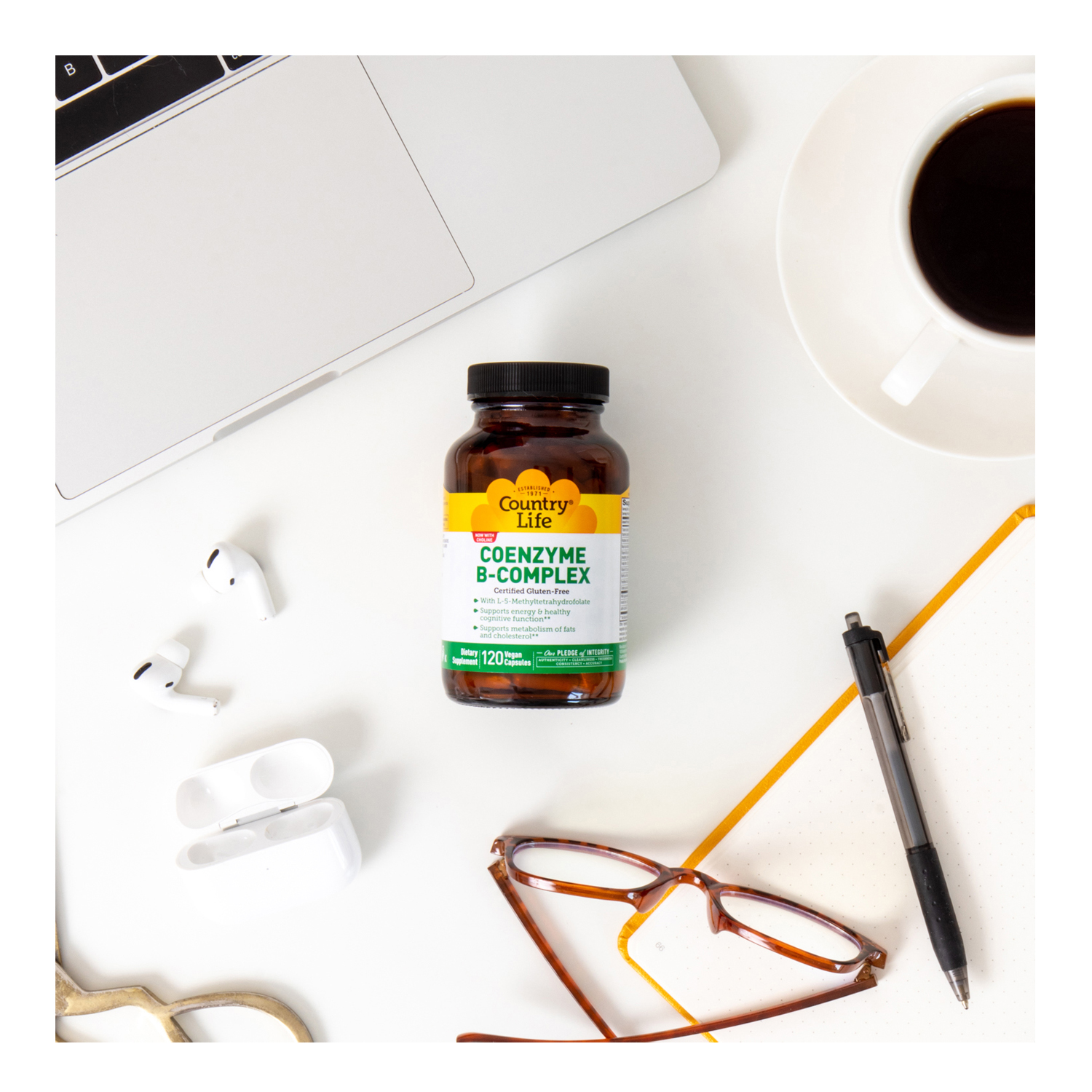 Country Life Vitamins' Coenzyme B-Complex laying on a table
