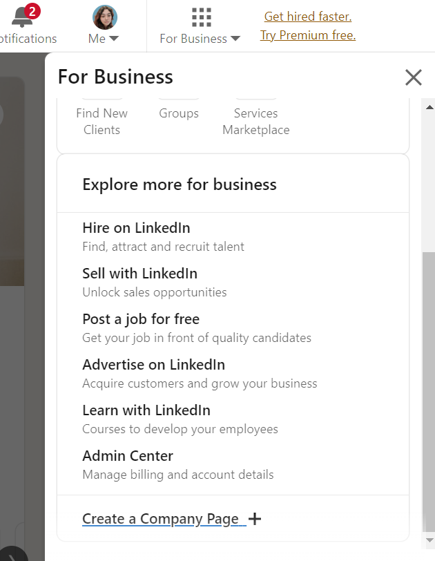 LinkedIn for business - Create a company page